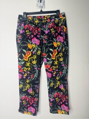 Susan Graver Black Floral Cropped Pants with Pink, Yellow & Orange Flowers